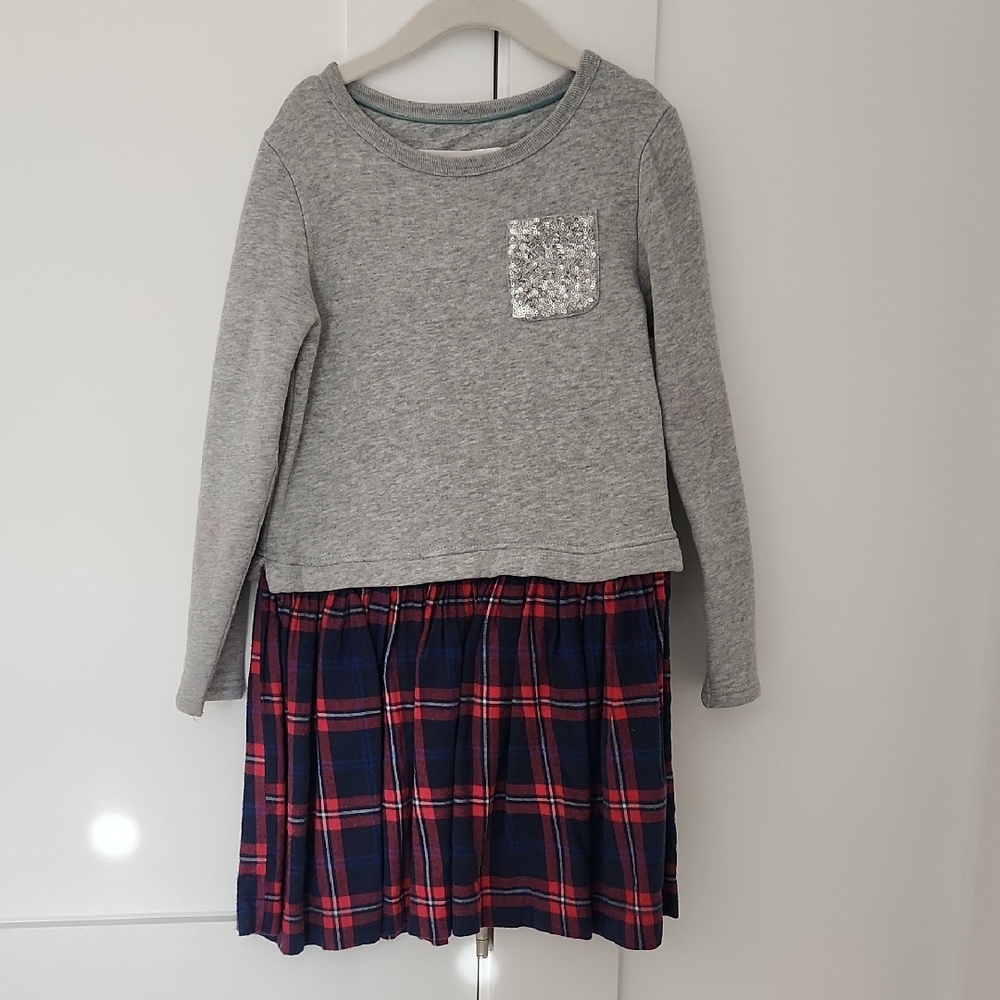 Boden Girls 7/8 Gray Dress with Plaid Skirt And Sequin Pocket